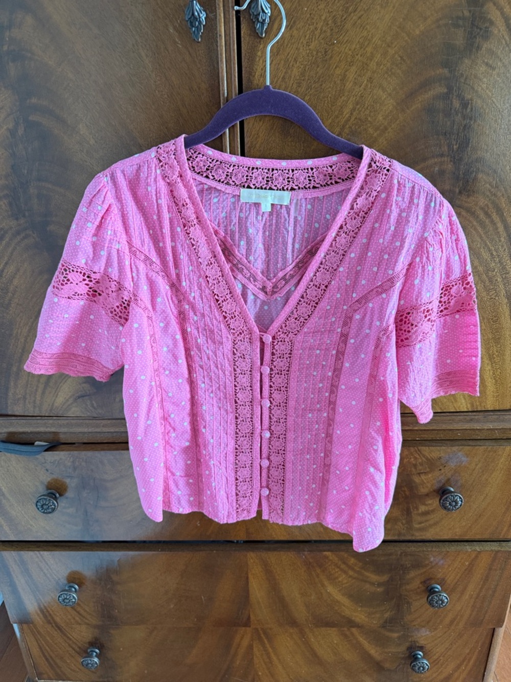 LoveShackFancy Pink Lace-Trim Button Front Blouse